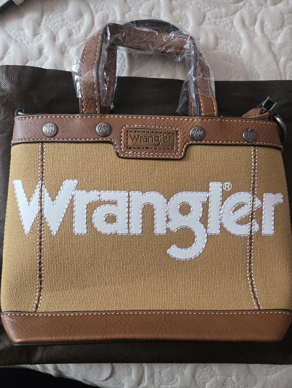 Wrangler Mustard Yellow and Brown Canvas Tote with White Logo